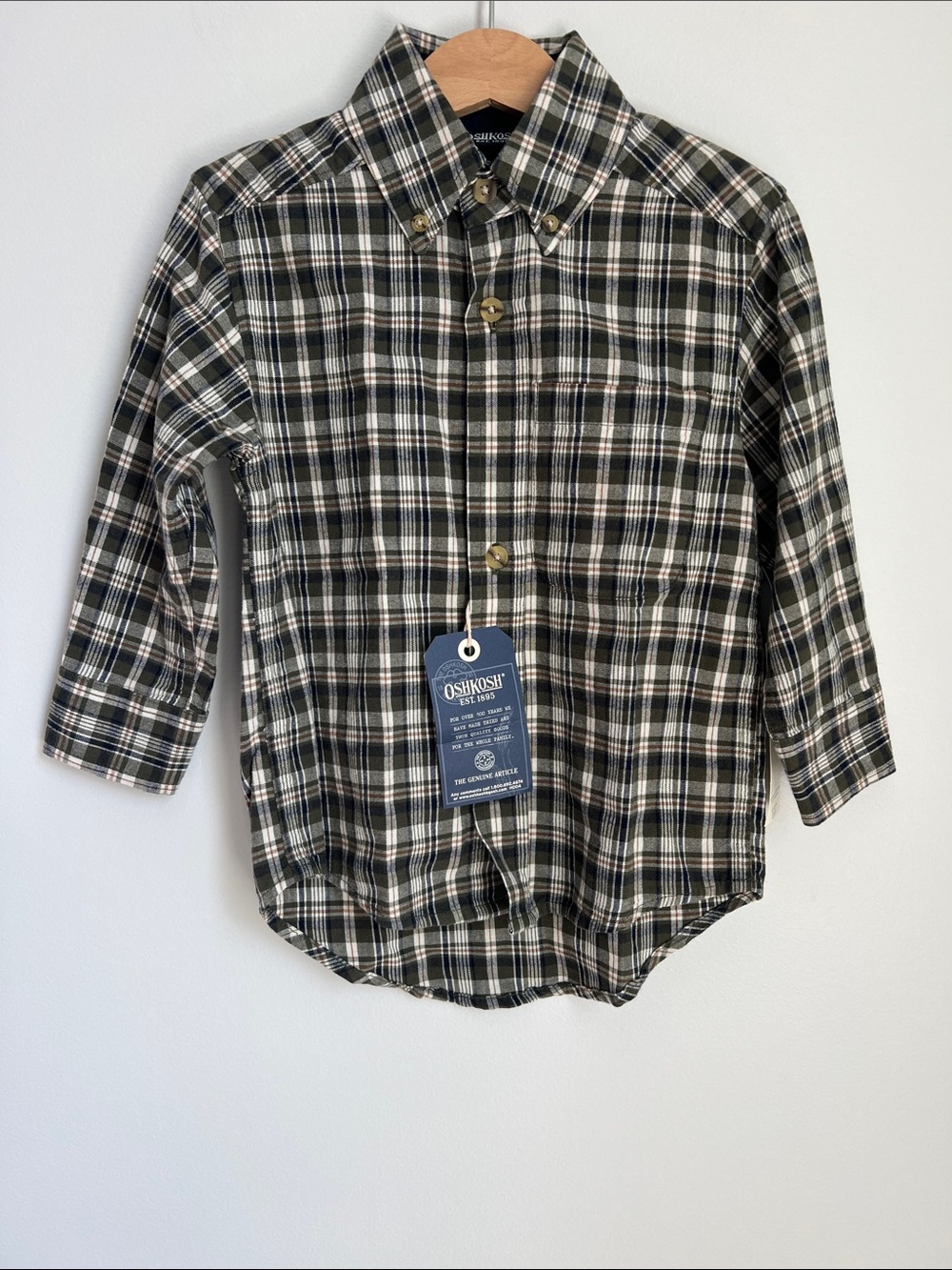 OshKosh B'gosh | 100% Cotton Olive Cream Navy Plaid Button-Down Shirt NWT Sz 3T